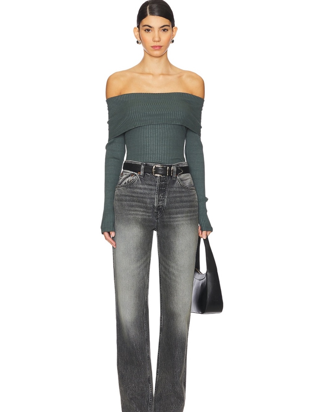 REVOLVE LA Made Off-the-Shoulder Ribbed Sweater in Slate Green XS NWOT